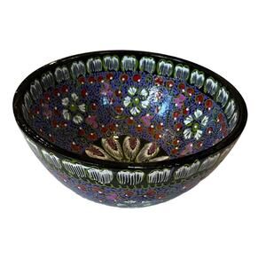 Black Purple Paper Mache Bowl Flowers 7.75” Wide Hand Painted Colorful VGC